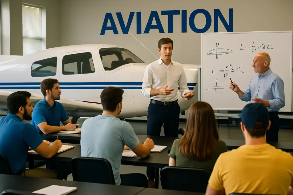 Sala de aula de aviação com estudantes, professores e aeronave ao fundo, destacando como educação acadêmica pode ajudar na carreira na aviação