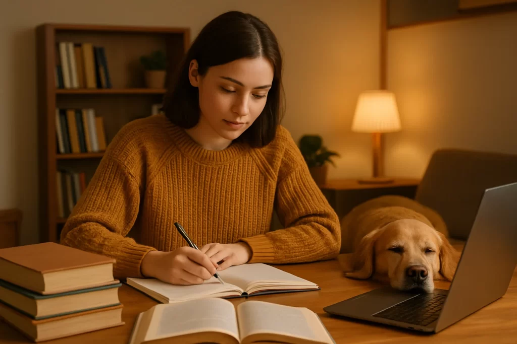 Cena de como estudar em casa com cães, pessoa estudando ao lado de cachorro, ambiente organizado e tranquilo