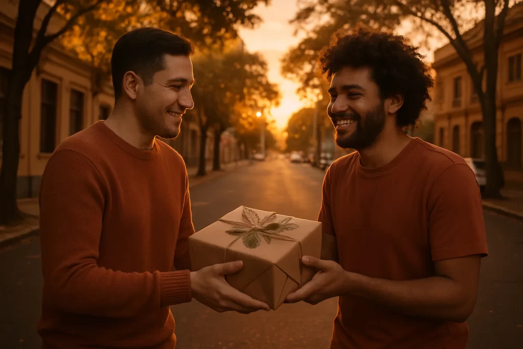 Cena de rua em Ribeirão Preto ao entardecer com duas pessoas trocando presentes, simbolizando valor filosófico presentear emoção