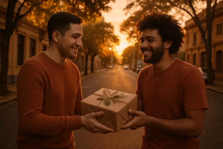 Cena de rua em Ribeirão Preto ao entardecer com duas pessoas trocando presentes, simbolizando valor filosófico presentear emoção