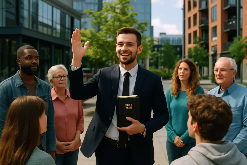 Imagem de um jovem pastor na praça moderna cercado por fiéis de diversas idades, simbolizando vocação pastoral século XXI.