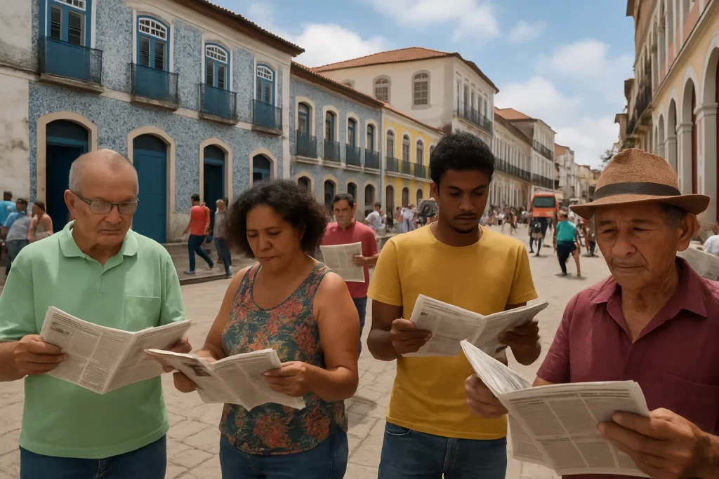 Rua movimentada no Maranhão com moradores lendo jornais locais, destacando a importância jornalismo local na formação.