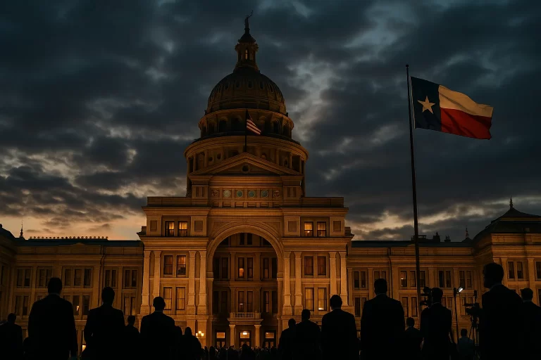 Imagem do prédio do Capitólio do Texas ao pôr do sol, com bandeira tremulando e multidão em silhueta, destacando a controvérsia sobre texas rotula principal associação.