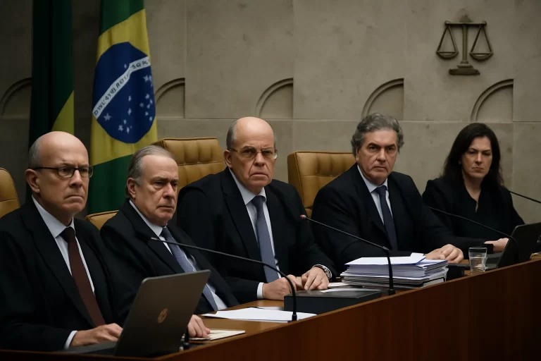 Cena de tribunal do STF com ministros em julgamento, expressão séria, bandeira brasileira ao fundo.