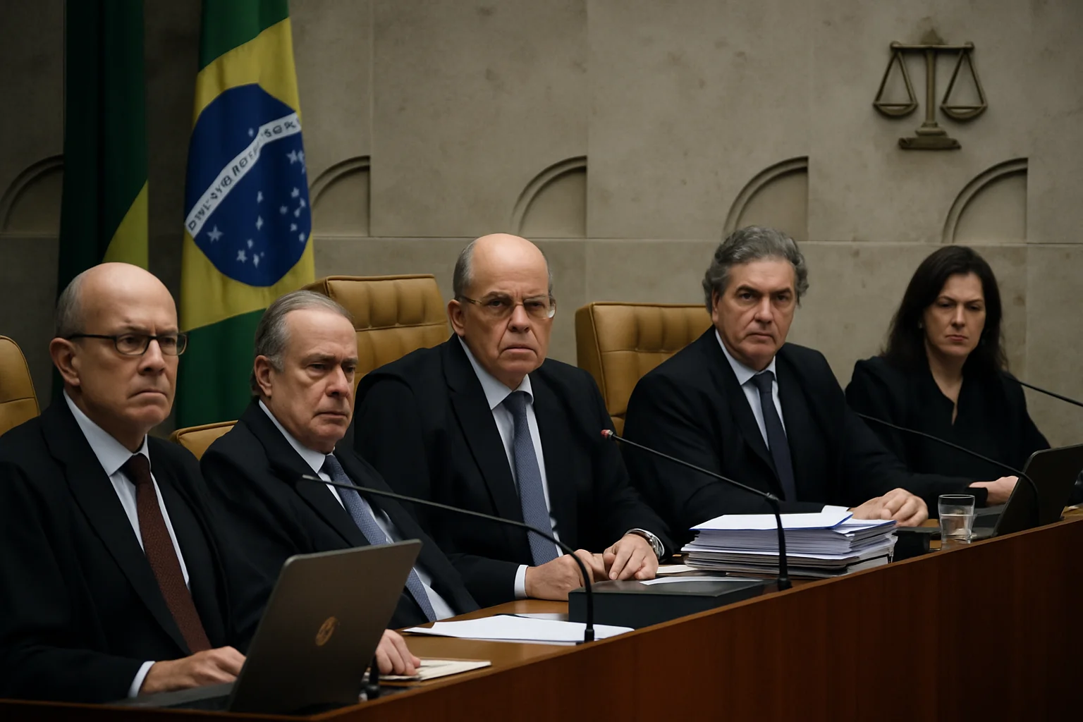 Cena de tribunal do STF com ministros em julgamento, expressão séria, bandeira brasileira ao fundo.