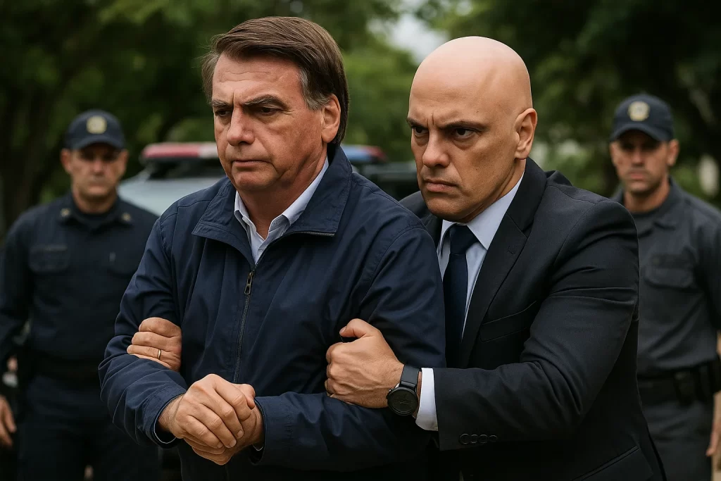 Imagem de Bolsonaro sendo preso por Alexandre de Moraes, simbolizando a prisão Bolsonaro 22 11