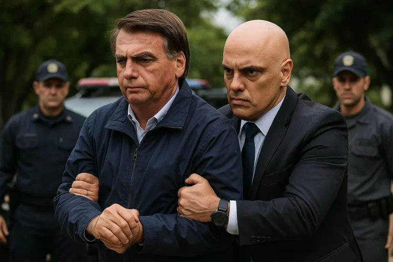 Imagem de Bolsonaro sendo preso por Alexandre de Moraes, simbolizando a prisão Bolsonaro 22 11