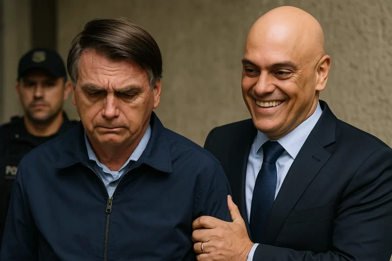 Imagem de Bolsonaro triste sendo preso por Alexandre de Moraes, com jeito de sucesso e orgulho, relacionada à prisão Bolsonaro 22 11