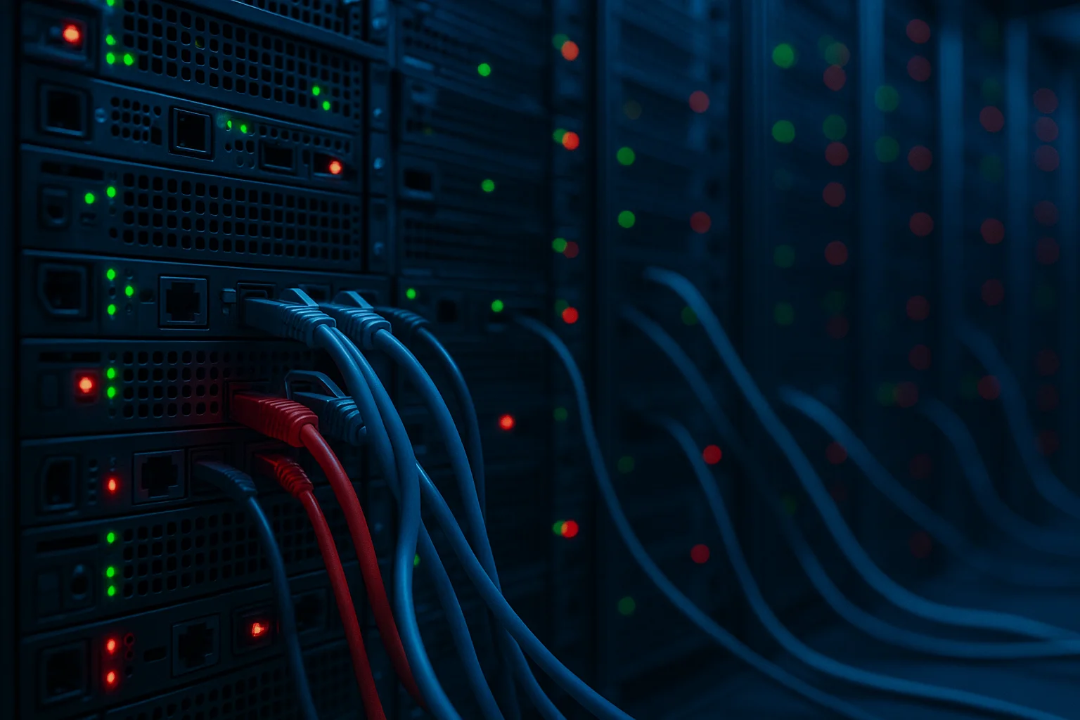 Sala de servidores com cabos de rede e luzes piscando, simbolizando a crise do cloudflare caiu hoje entenda