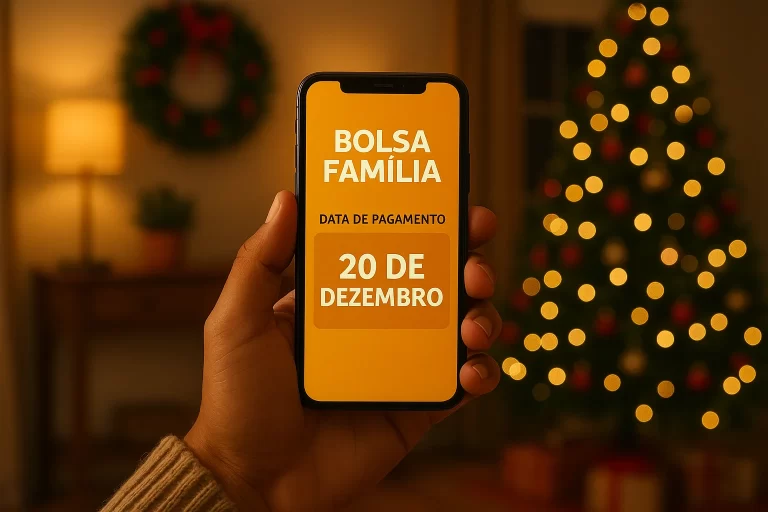 Pessoa com smartphone mostrando calendário Bolsa Família Dezembro em ambiente natalino acolhedor