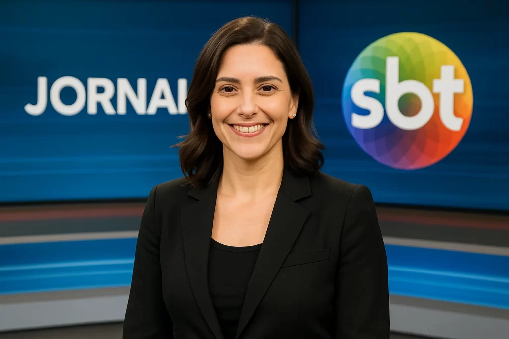 Imagem realista de Dani Brandi, jornalista mulher, sorrindo no cenário do telejornal do SBT, transmitindo superação e profissionalismo, rascunho automático