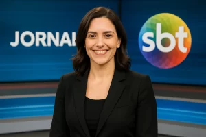 Imagem realista de Dani Brandi, jornalista mulher, sorrindo no cenário do telejornal do SBT, transmitindo superação e profissionalismo, rascunho automático