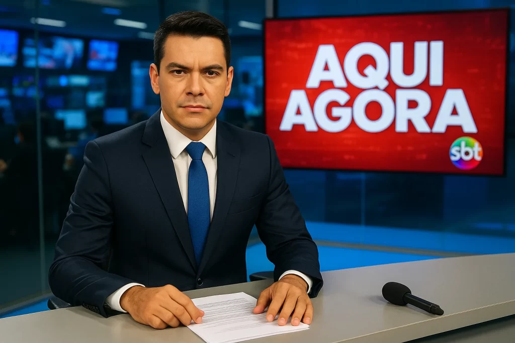 Imagem realista do jornalista Darlisson Dutra, jovem e determinado, no cenário de notícias ao vivo do 'Aqui Agora', produzida por rascunho automático.