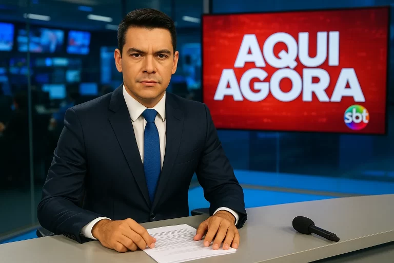 Imagem realista do jornalista Darlisson Dutra, jovem e determinado, no cenário de notícias ao vivo do 'Aqui Agora', produzida por rascunho automático.