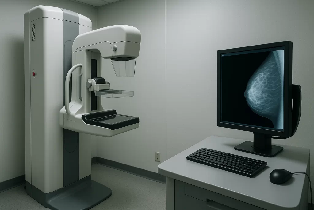 Imagem de mamografia com radiografia de mama, ilustrando o anúncio de Luiza Mariani anuncia mastectomia, em ambiente clínico com aparelhos médicos.