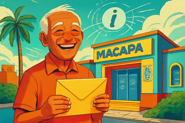 Ilustração de um idoso feliz segurando documento em frente a edifício público de Macapá, representando isenção do IPTU