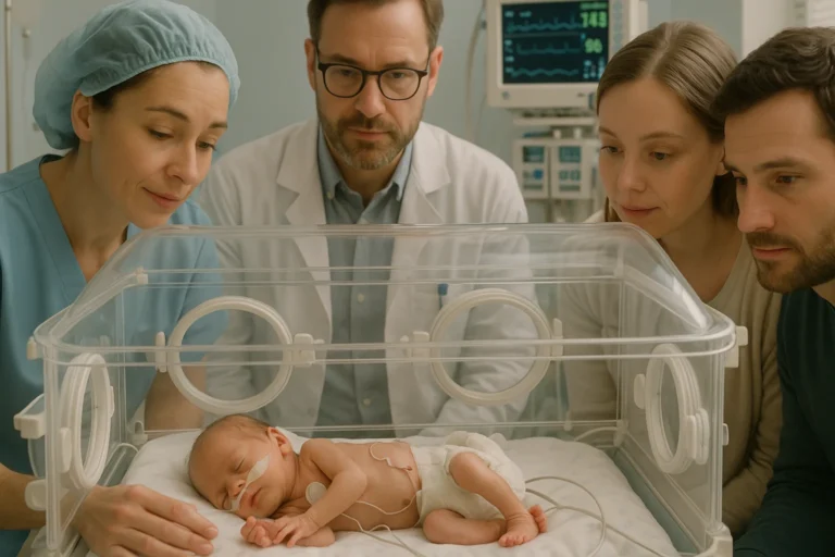 Recém-nascido prematuro em incubadora cercado por profissionais de saúde e pais, destacando sinais e cuidados na prematuridade riscos