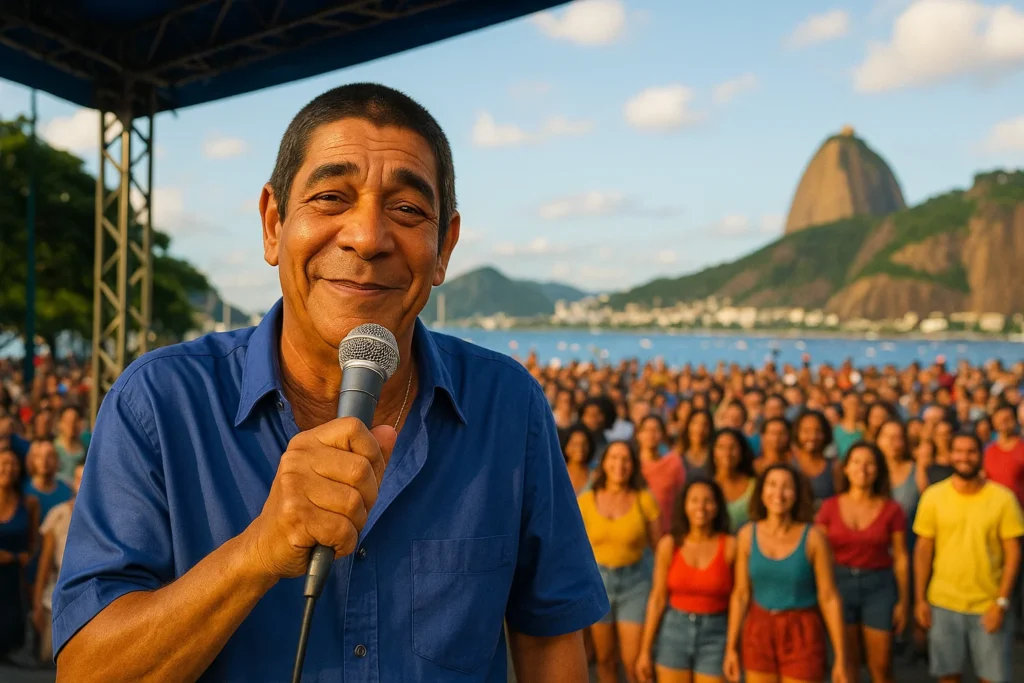 Zeca Pagodinho diz não, expressão humilde em palco ao ar livre no Rio, com plateia ao fundo e cores vibrantes.