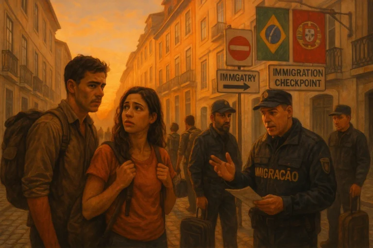 Cena de rua em Lisboa com brasileiros abordados por agentes de imigração ao pôr do sol, refletindo preocupação e esperança