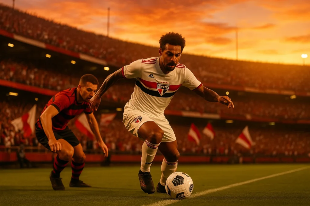 Reinaldo sonha vaga na Copa conduzindo a bola em estádio ao entardecer, com torcida ao fundo