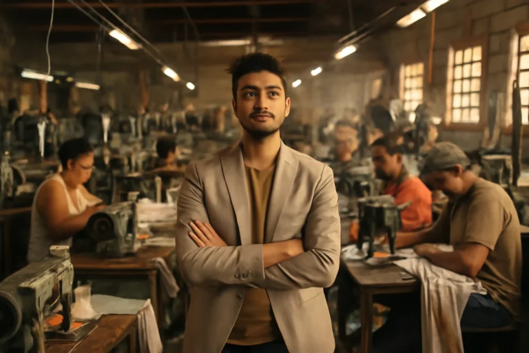 Jovem empreendedor em fábrica têxtil com máquinas antigas e trabalhadores em ação, simbolizando crescimento com quatro máquinas 950 funcionários