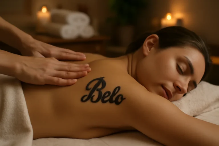 Renderização realista de Gracyanne Barbosa deixando tatuagem leave tatuagem durante massagem relaxante