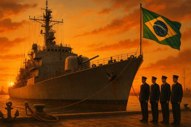 Cena de capa com navio de guerra, soldados, bandeira do Brasil e elementos marítimos, celebrando o edital marinha abre 17