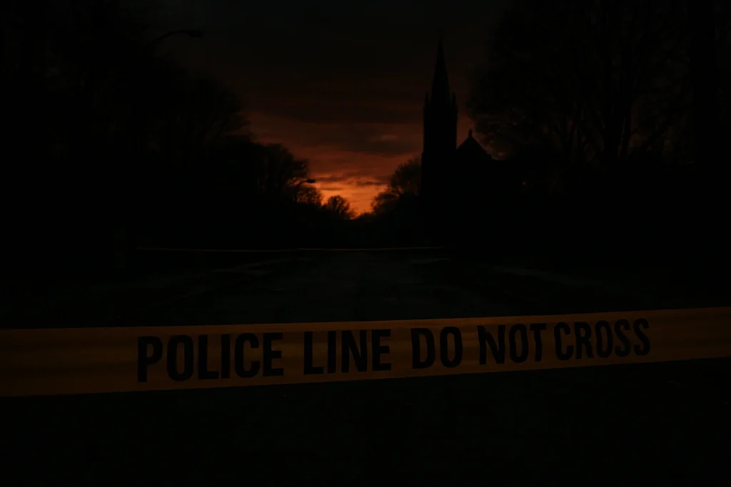 Imagem de uma rua sombria com fita de isolamento por alegação pai que atacou, destacando a seriedade da investigação