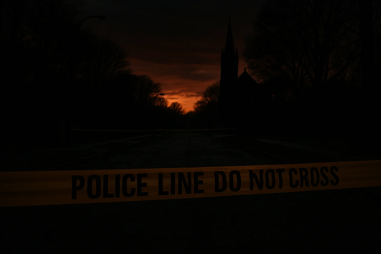 Imagem de uma rua sombria com fita de isolamento por alegação pai que atacou, destacando a seriedade da investigação