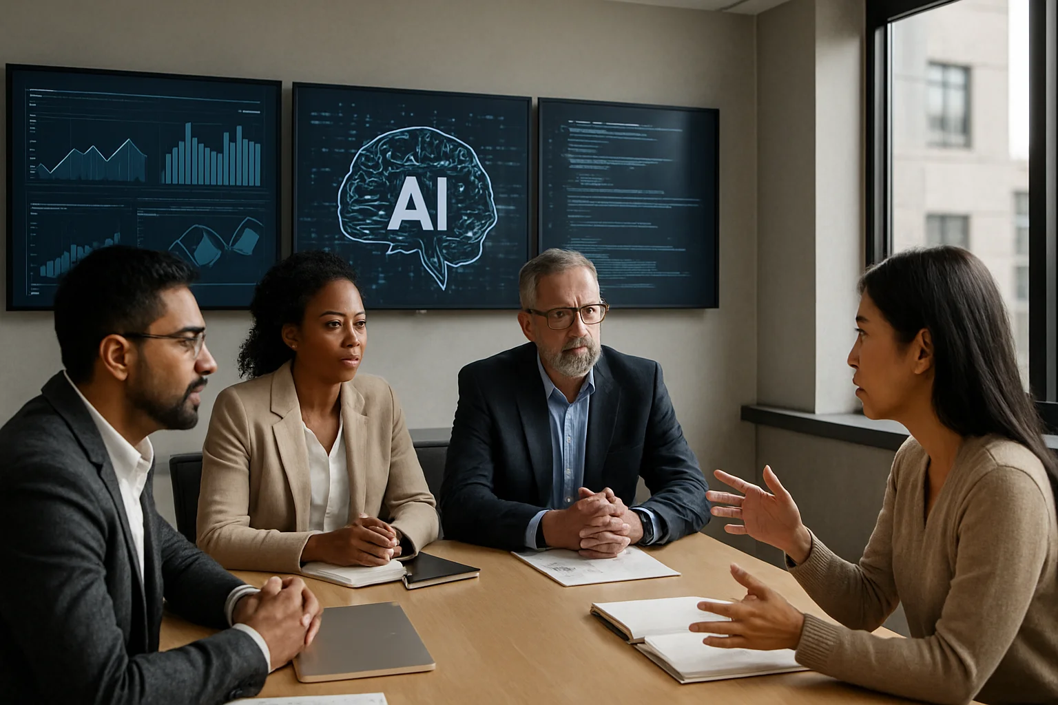 Cena de reunião com profissionais discutindo, destacando os arquitetos ia foram e seu impacto social