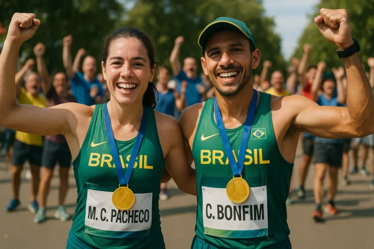 Maria Clara Pacheco e Caio Bonfim em rally ao ar livre com medalhas, público vibrante e expressão de conquista, destacando a atleta usando palavra-chave Maria Clara Pacheco Caio.