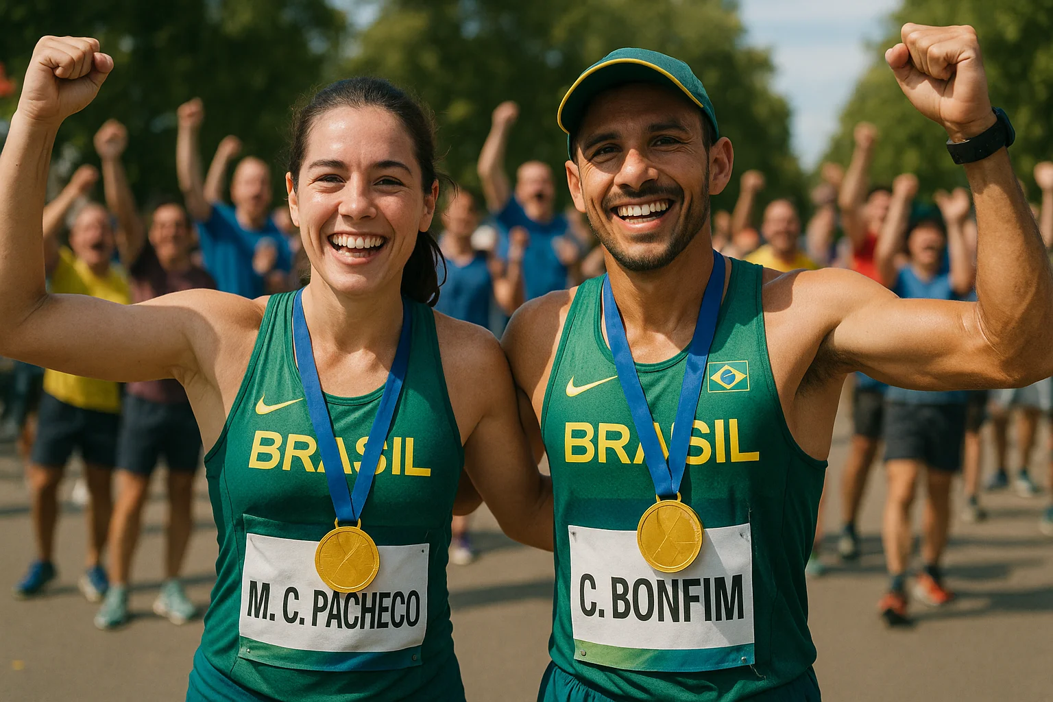 Maria Clara Pacheco e Caio Bonfim em rally ao ar livre com medalhas, público vibrante e expressão de conquista, destacando a atleta usando palavra-chave Maria Clara Pacheco Caio.