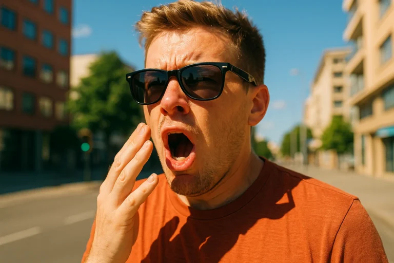 Pessoa com óculos escuros ao ar livre sentindo vontade de espirrar ao luz solar intensa, elementos urbanos ao fundo, cores vibrantes