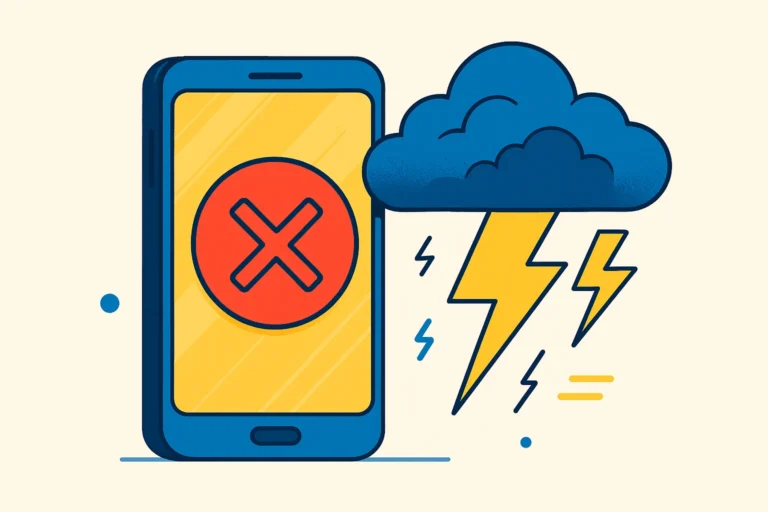 Ilustração de smartphone com tela bloqueada pelo símbolo de erro, nuvem de tempestade com raios, destacando após cerca de 10 horas de falha
