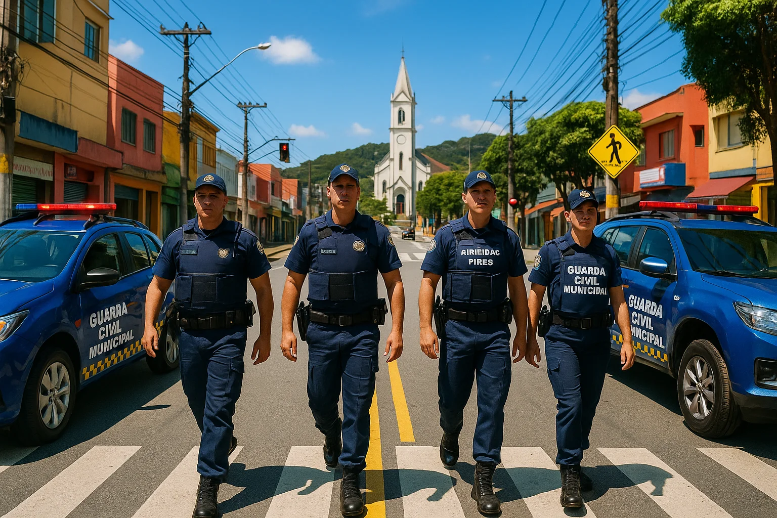 Cena de rua de Ribeirão Pires com agentes da prefeitura ribeirão e veículos de patrulha, transmitindo segurança