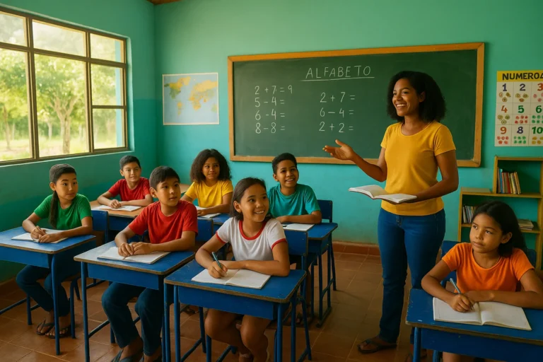 Imagem horizontal de sala de aula com professores e alunos diversos, destacando a educação no edital seed rr 1