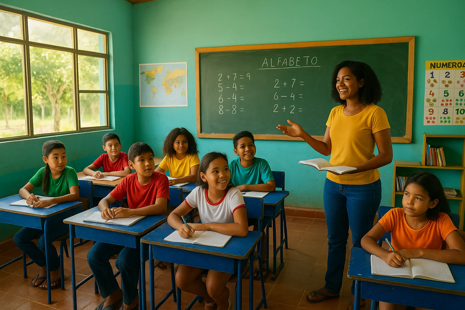 Imagem horizontal de sala de aula com professores e alunos diversos, destacando a educação no edital seed rr 1