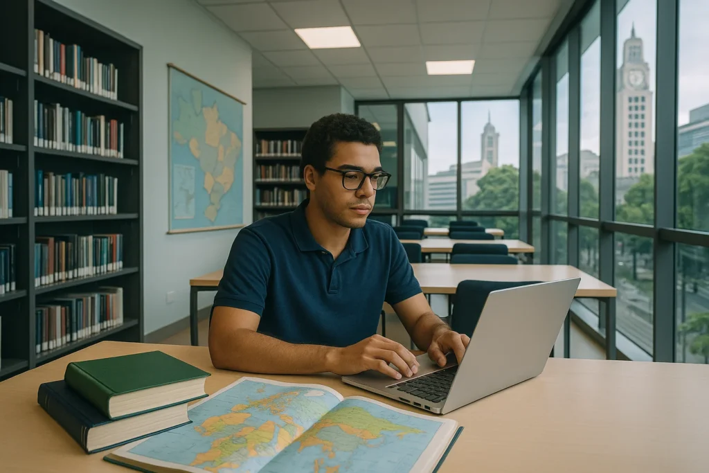 Estudante estudando em biblioteca moderna com mapas e livros, ambiente acadêmico no Rio de Janeiro, cores neutras com detalhes em azul e verde, inscrições abertas academia brasileira