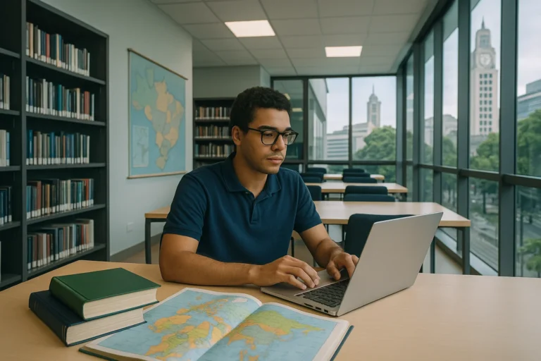 Estudante estudando em biblioteca moderna com mapas e livros, ambiente acadêmico no Rio de Janeiro, cores neutras com detalhes em azul e verde, inscrições abertas academia brasileira