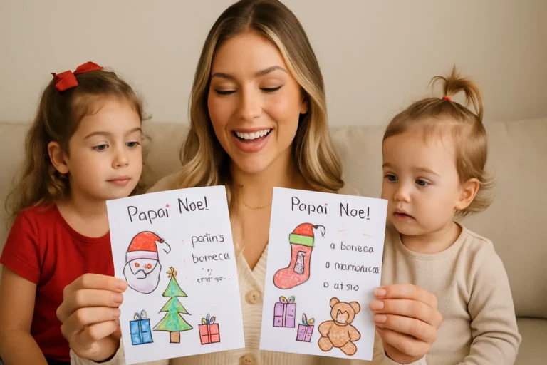 Imagem de capa horizontal 16:9 ilustrando Virginia Fonseca mostrando as cartinhas das filhas com pedidos de Natal.