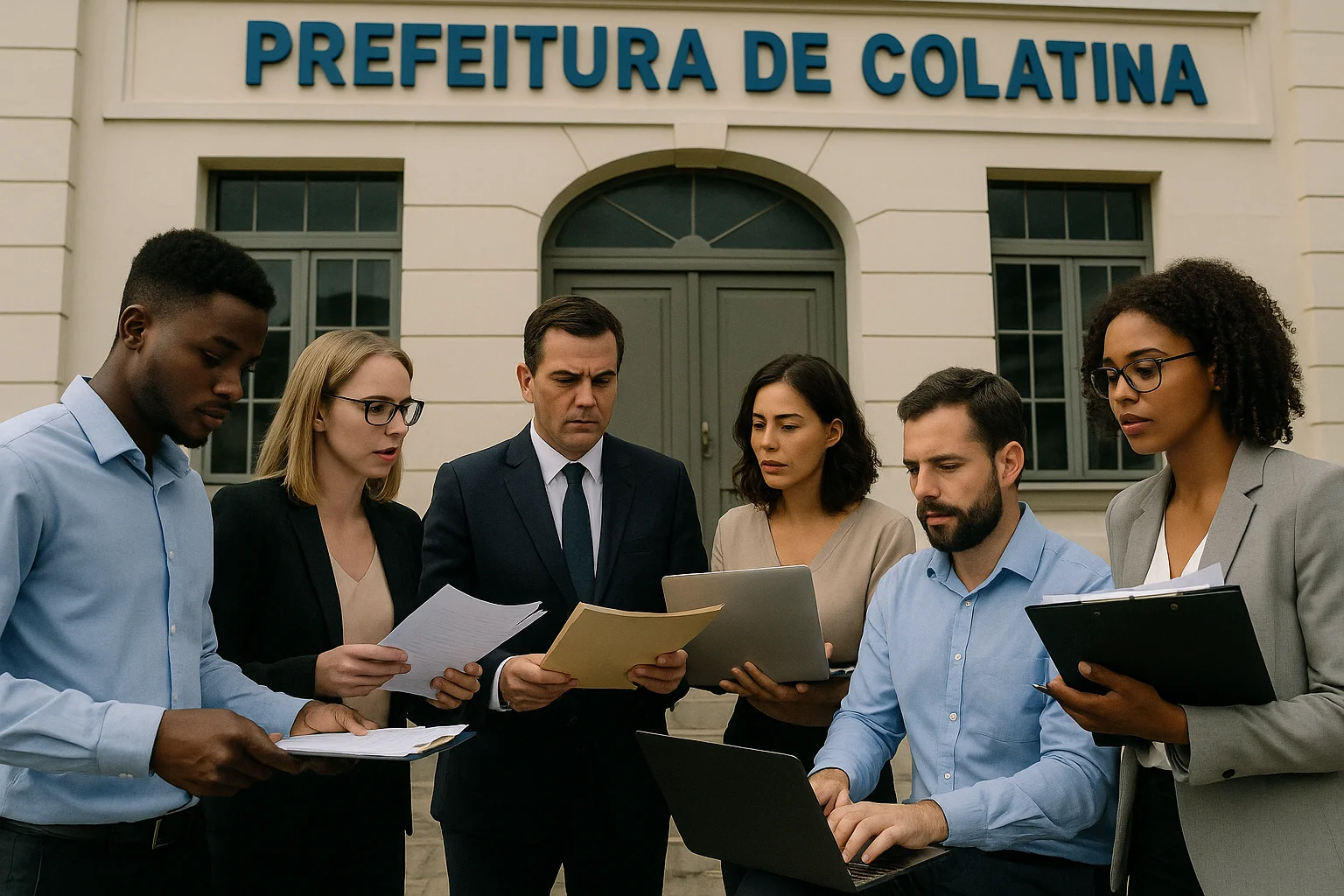 Equipe diversa em frente à prefeitura de Colatina, com documentos e computadores, promovendo edital publicado Colatina 51.