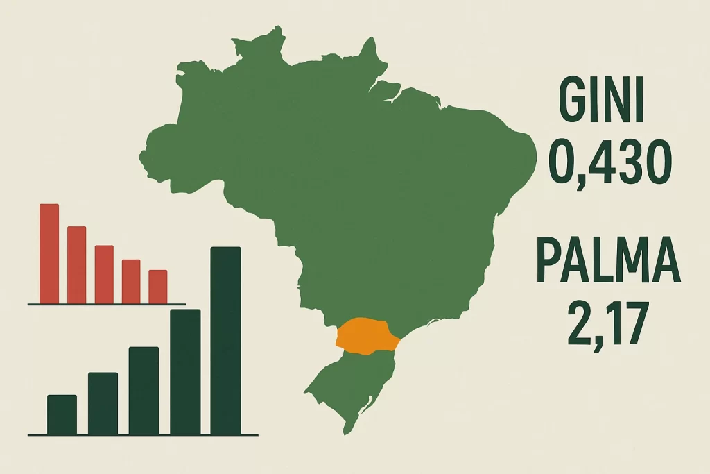 Santa Catarina tem a menor desigualdade de renda do Brasil: Gini 0,430 e Palma 2,17, mostra IBGE
